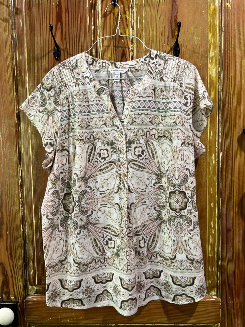 Croft & Barrow Pink & Olive Green Short-Sleeve Blouse